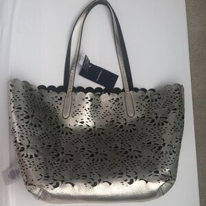 NWT Chaps Alivia laser cut reversible over the shoulder bag black & gold light